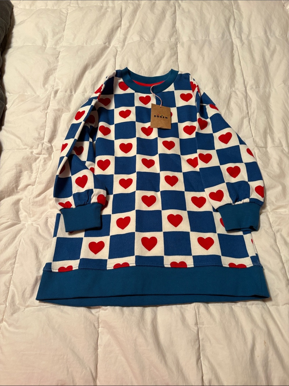 Mini Boden Checkerboard Heart Sweatshirt Dress / pull over in Blue, White & Red